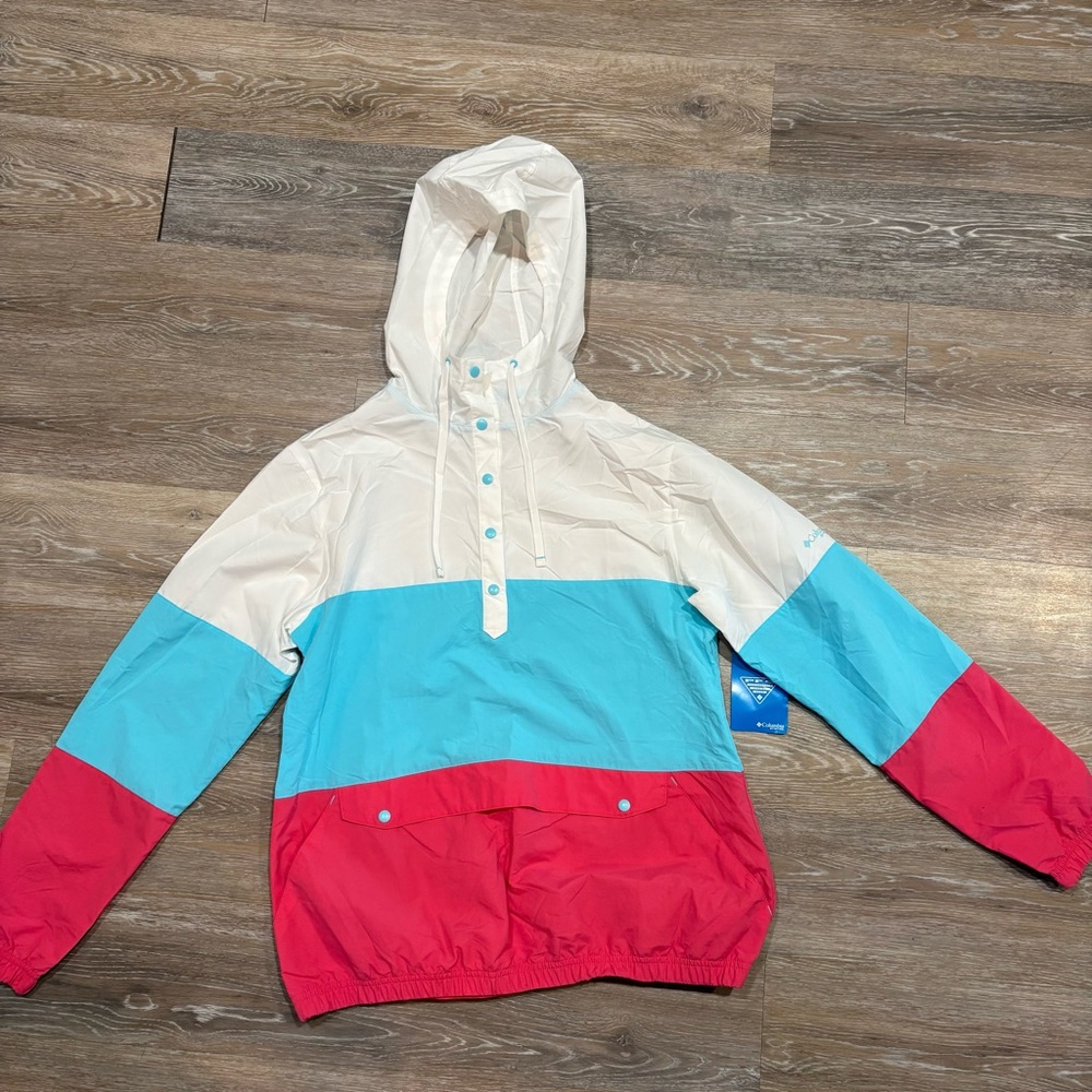 Columbia Hooded Windbreaker Performance Fishing Gear  Medium Pink White Blue